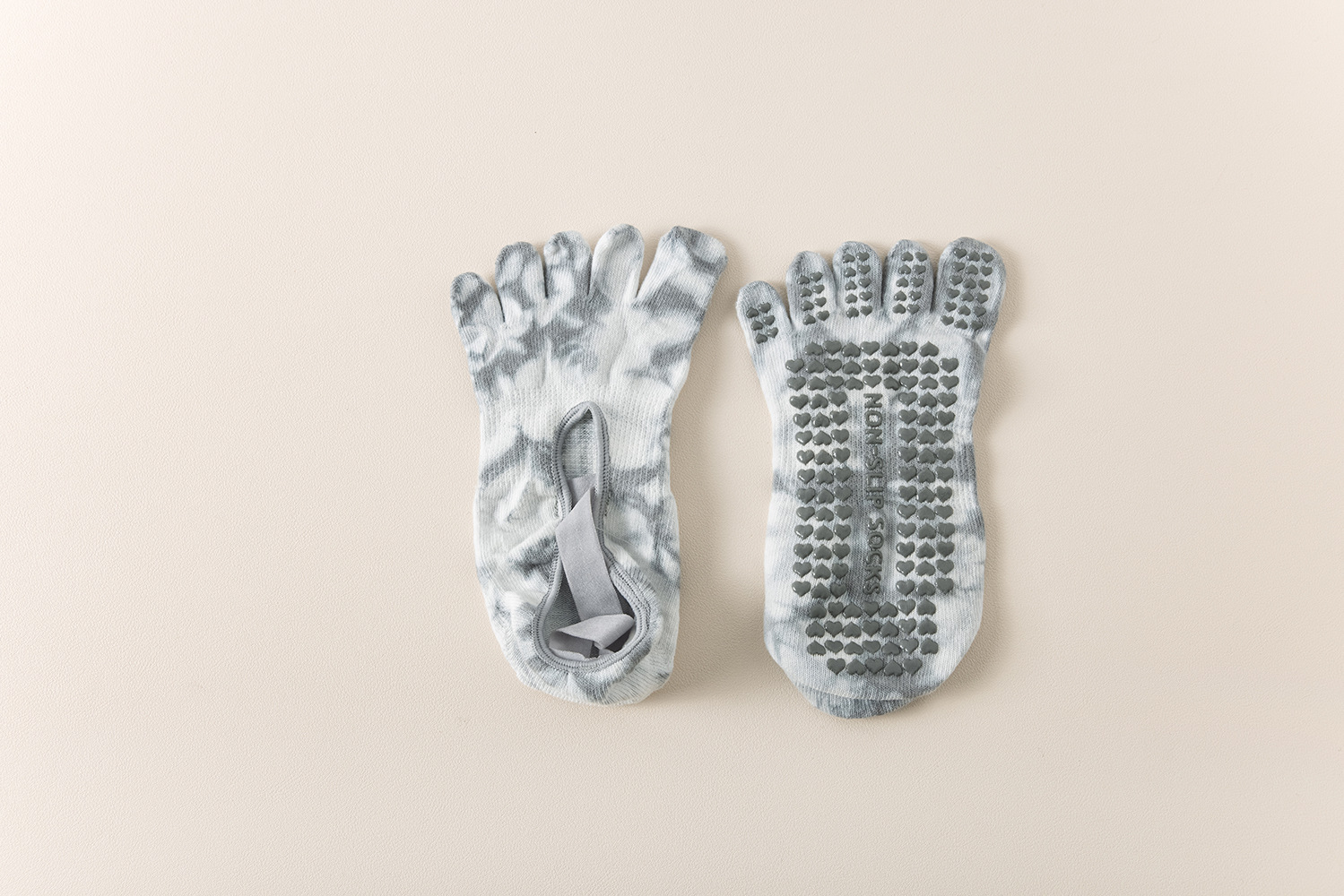 2 Pairs Grey Tie-Dye Non-Slip Yoga Socks for Women - Five-Toe Cotton Blend Socks for Pilates and Indoor Sports