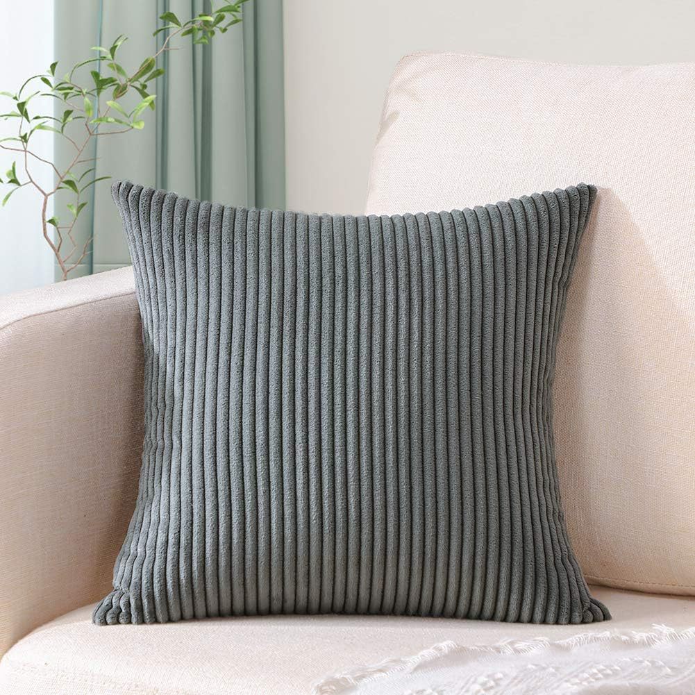 Dark Grey Plush Striped Pillow Covers 45x45cm - Set of 4 Corduroy-Style Cushion Covers with Invisible Zipper, Soft and Washable for Sofa Decor