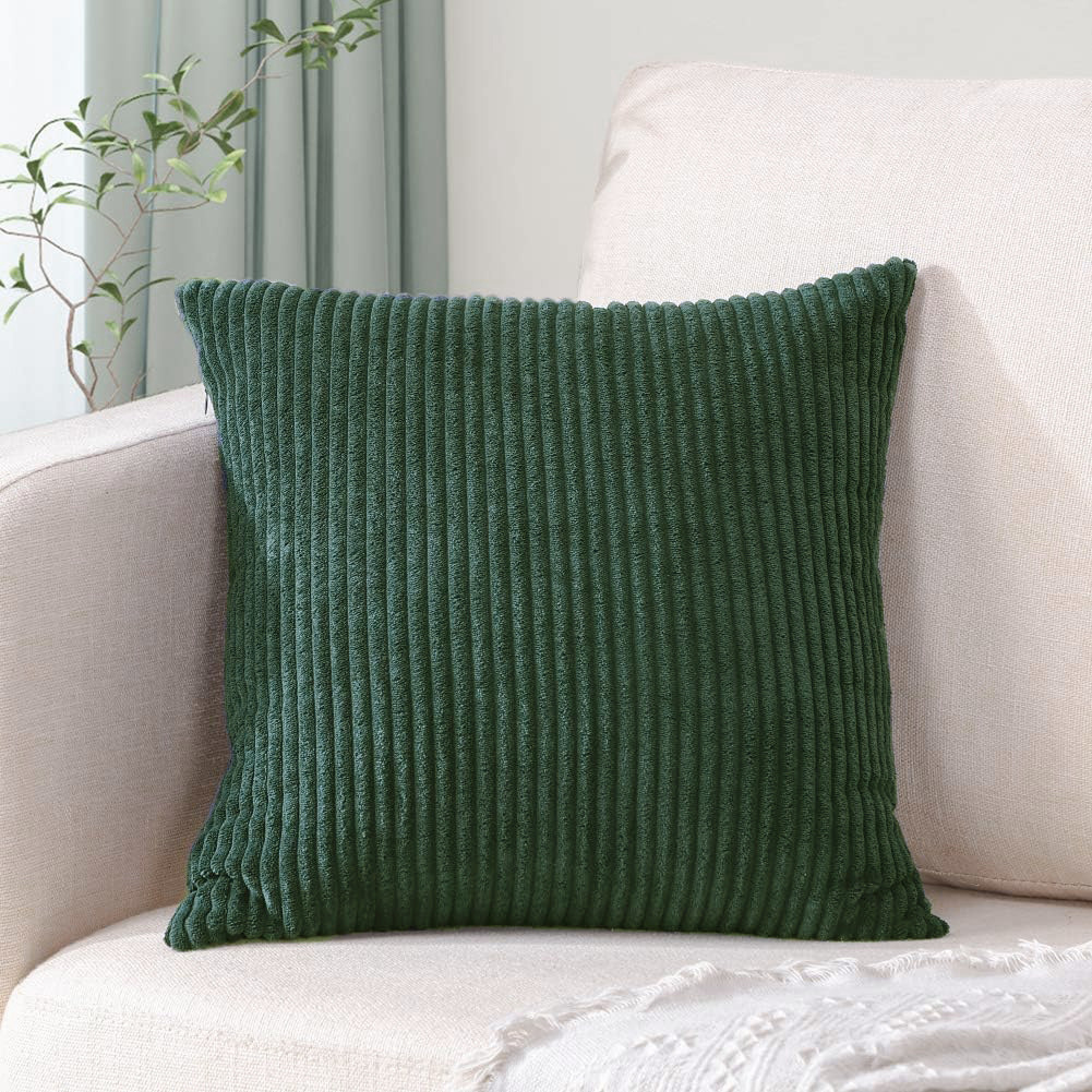 Dark Green Plush Striped Pillow Covers 45x45cm - Set of 4 Corduroy-Style Cushion Covers with Invisible Zipper, Soft and Washable for Sofa Decor
