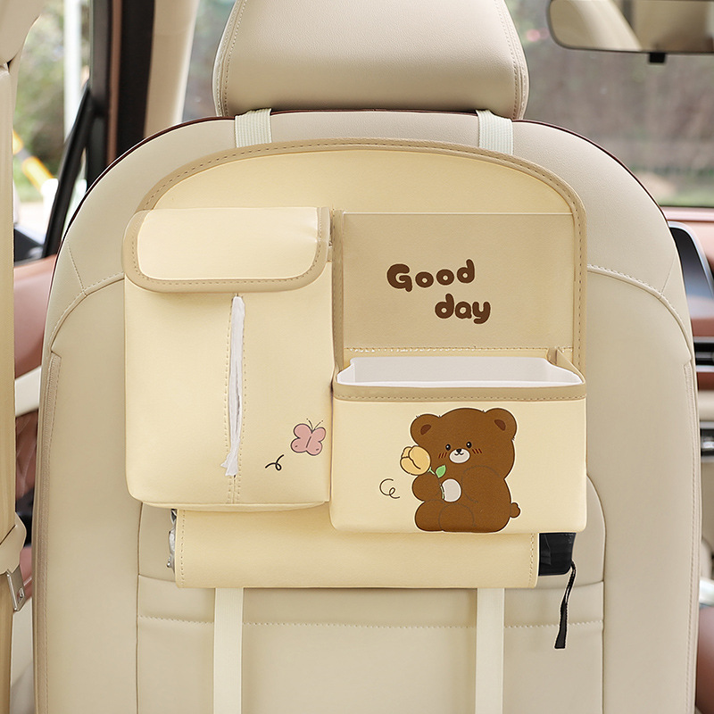 Beige Cute Cartoon Car Backseat Organizer with Multi-Pocket Storage and PP Trash Bin - 400g Lightweight PU Leather