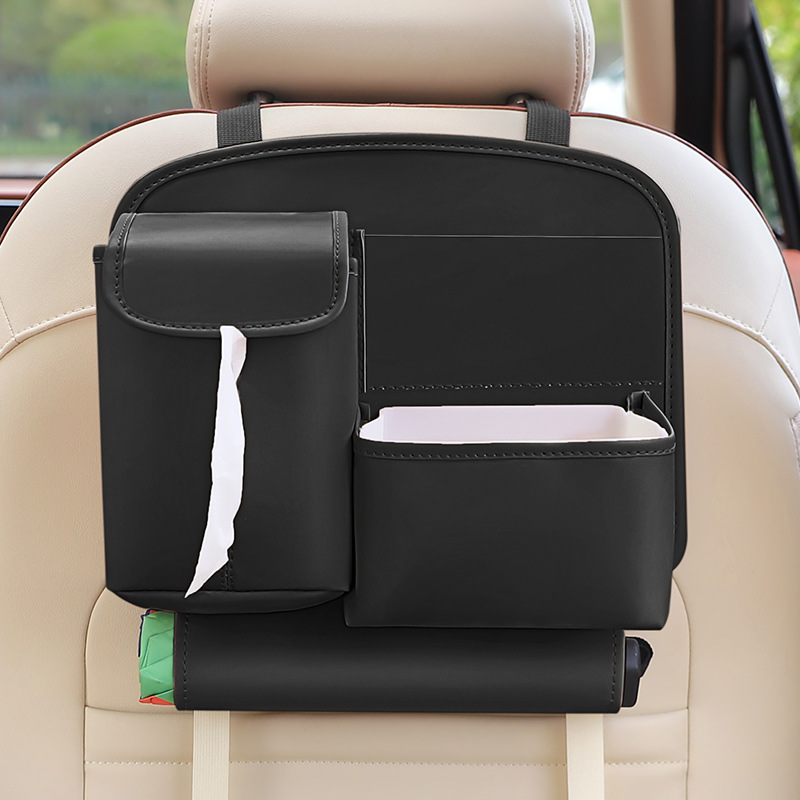 Black Car Backseat Organizer with Multi-Pocket Storage and PP Trash Bin - 400g Lightweight PU Leather