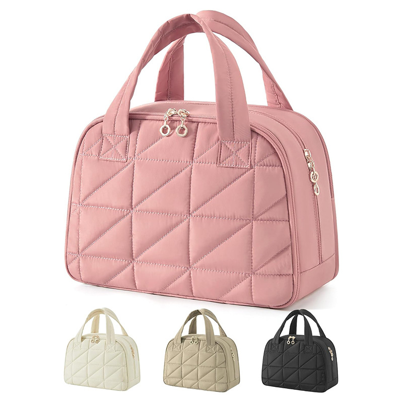 Pink Large Capacity Travel Toiletry Bag with Wide Opening - Puffy Nylon Makeup Organizer with Waterproof PVC Layer