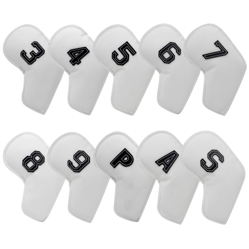 White Golf Iron Head Covers Set of 10 - Waterproof PU Leather Club Protectors with Embroidered Numbers (3-9, P, A, S)