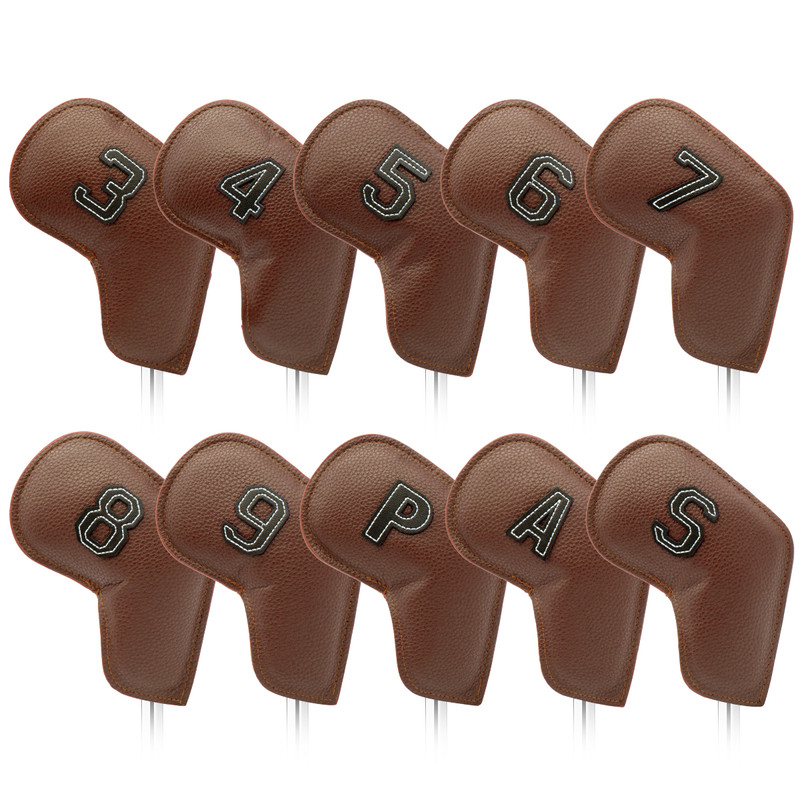 Brown Golf Iron Head Covers Set of 10 - Waterproof PU Leather Club Protectors with Embroidered Numbers (3-9, P, A, S)