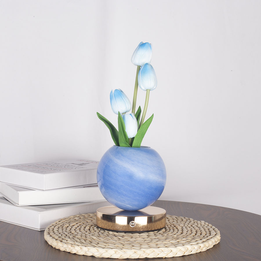 Blue Tulip Night Light with Realistic Bouquet - Dreamy Planet LED Mood Lamp for Bedroom Decor with 3-Color Touch Dimming