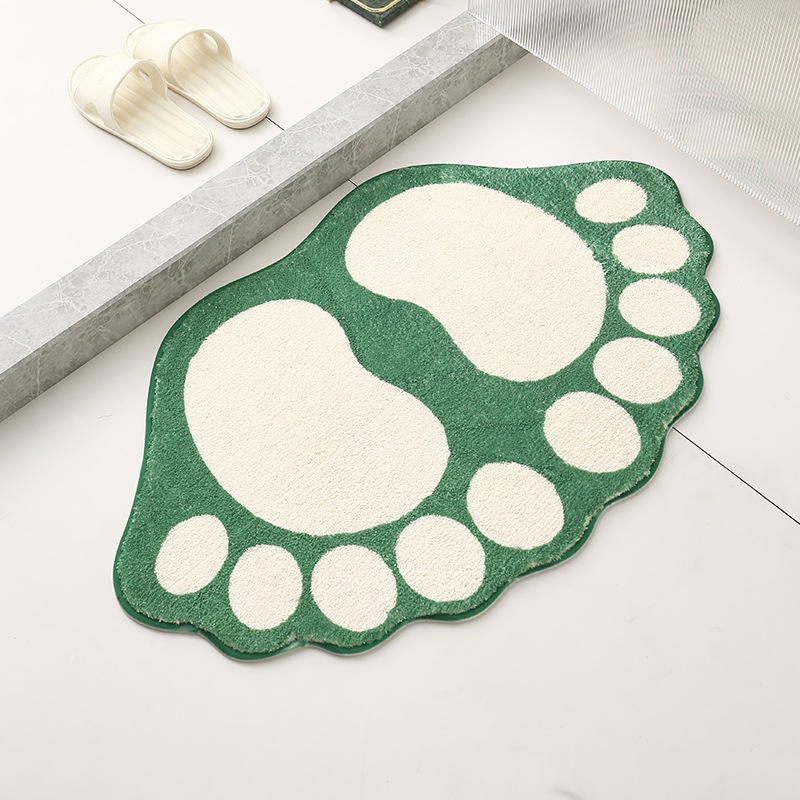 2 Pcs Green And White Foot-Shaped Plush Bath Mat - Non-Slip Absorbent Bathroom Rug for Bedroom and Doorway (50x80cm)