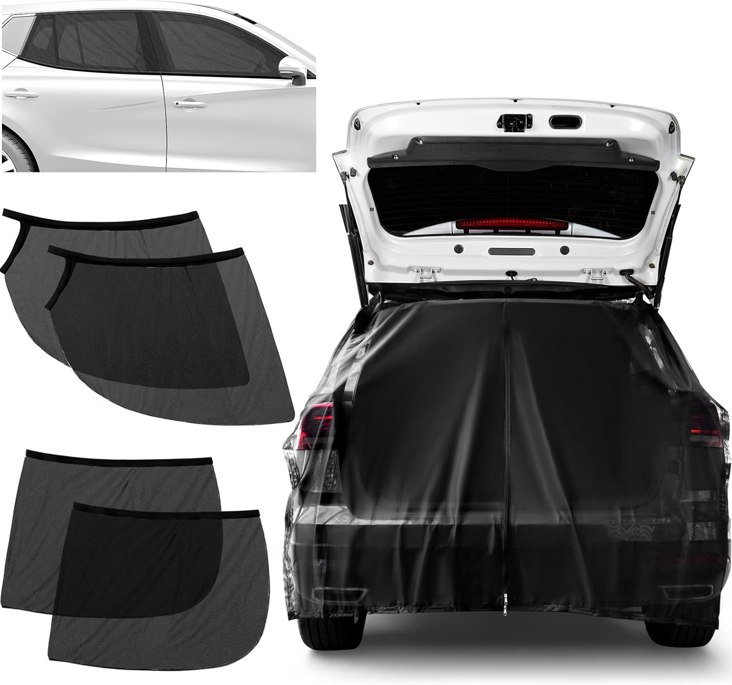 Size XL Black Magnetic Car Window Sun Shade Screens & SUV Tailgate Mosquito Net Set - Breathable Bug Protection