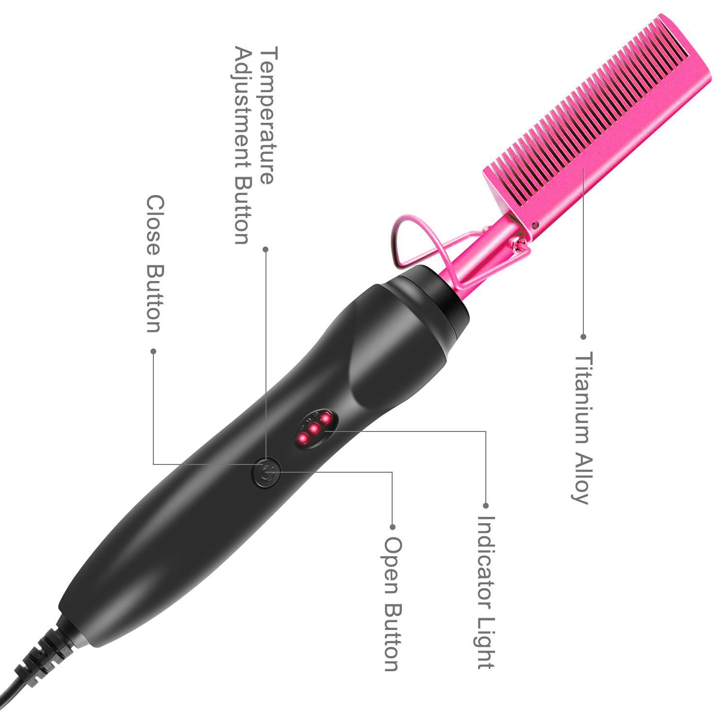 Rose Red And Black Electric Hot Comb Hair Straightener - Fast Heating Styling Tool with 3 Temp Settings & Anti-Scald Guard