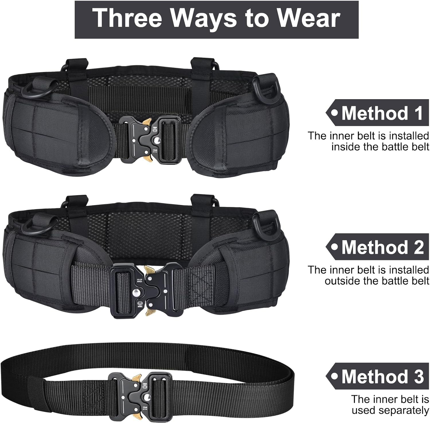 Black Adjustable Tactical Battle Belt Set - Padded MOLLE Outer & Nylon Inner Belt