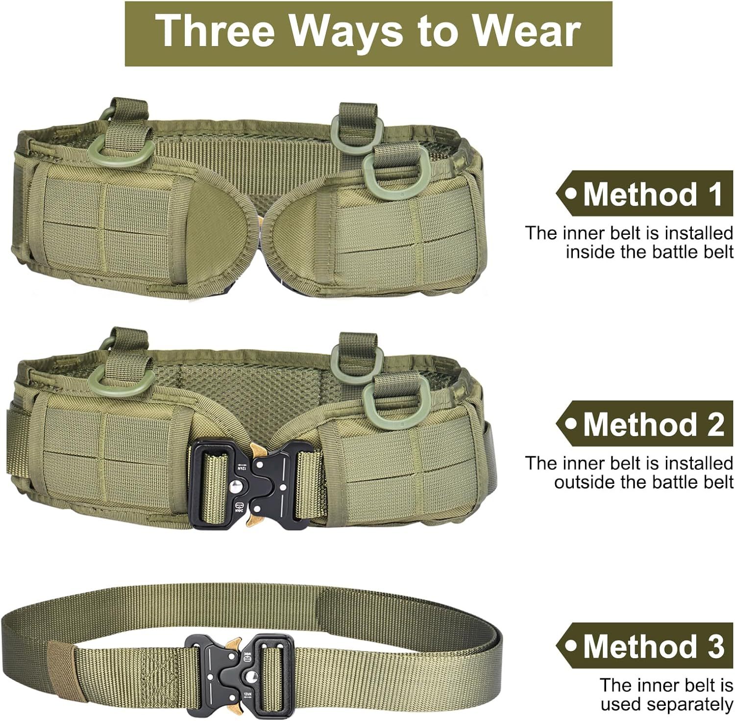 Green Adjustable Tactical Battle Belt Set - Padded MOLLE Outer & Nylon Inner Belt