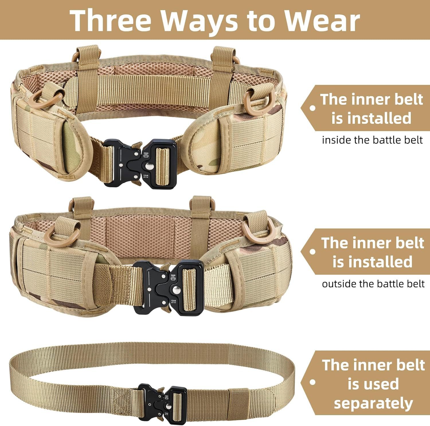 Khaki Adjustable Tactical Battle Belt Set - Padded MOLLE Outer & Nylon Inner Belt