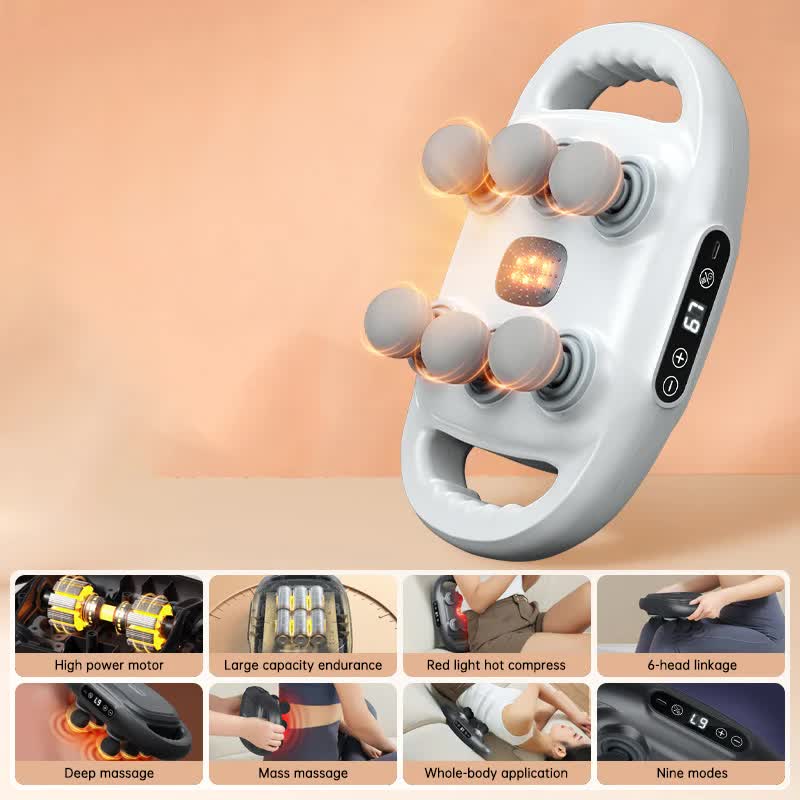 White Advanced 6-Head Percussion Massager with Heat - Rechargeable Deep Tissue Muscle Relief Gun