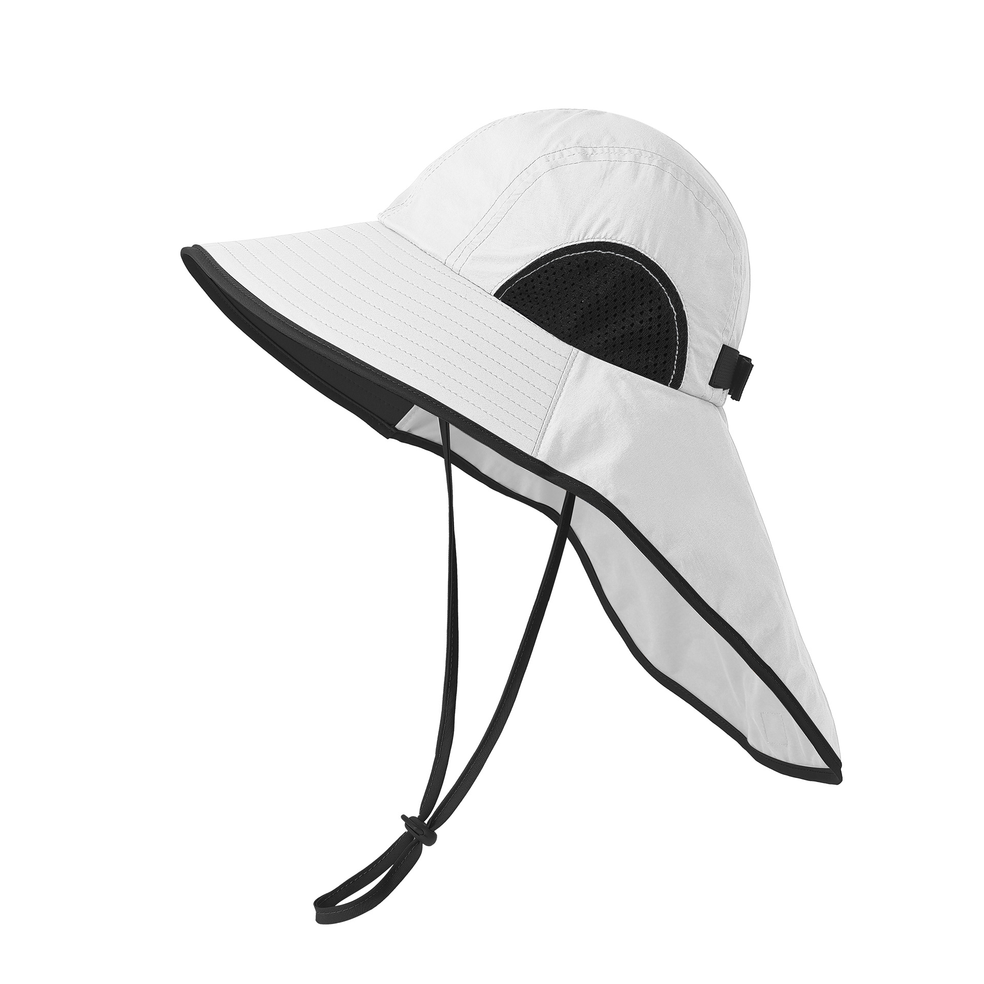 Black White Wide Brim Sun Hat with Cape - Foldable UV Protection - 10cm Brim