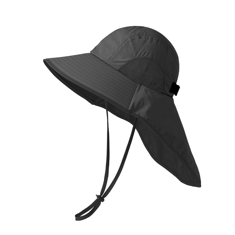 Black Wide Brim Sun Hat with Cape - Foldable UV Protection - 10cm Brim