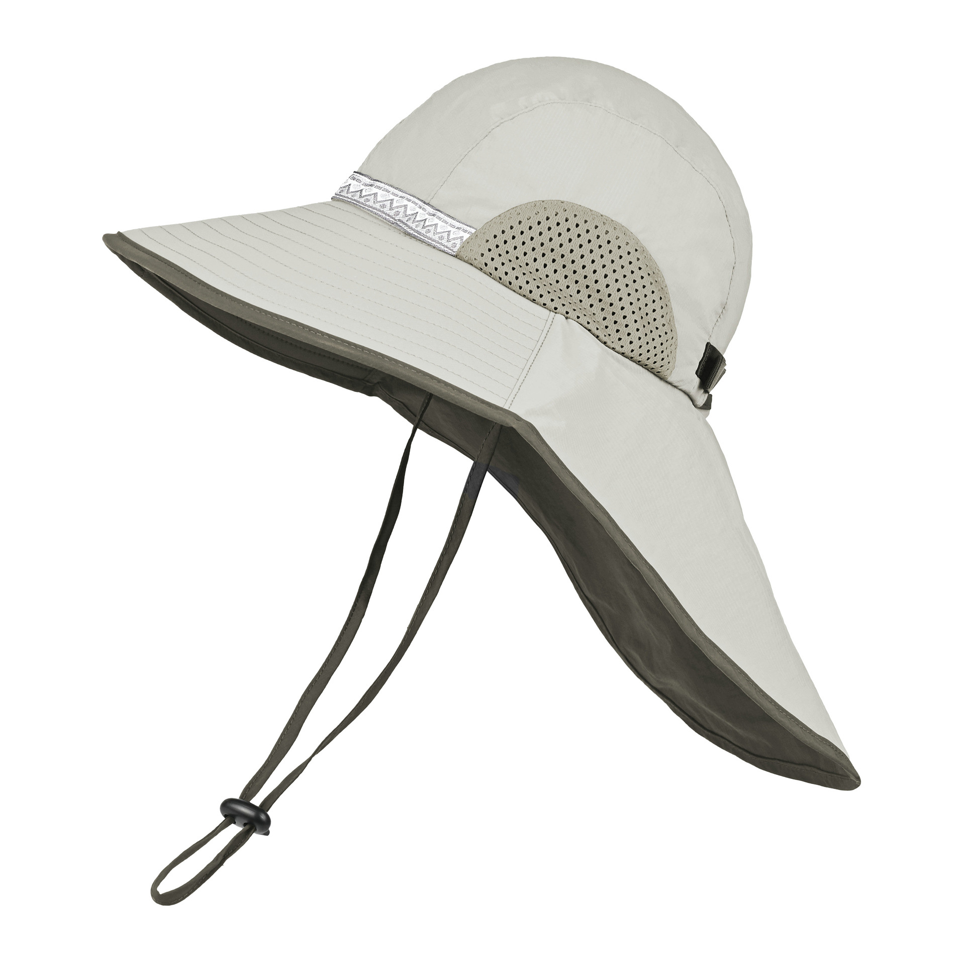 Beige (Beige webbing) Wide Brim Sun Hat with Cape - Foldable UV Protection - 10cm Brim