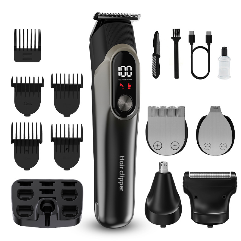 Grey 5-in-1 Digital Display Hair Clipper Set - Adjustable Multifunctional Trimmer for Hair, Beard, and Precision Grooming