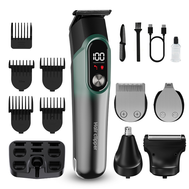 Green 5-in-1 Digital Display Hair Clipper Set - Adjustable Multifunctional Trimmer for Hair, Beard, and Precision Grooming