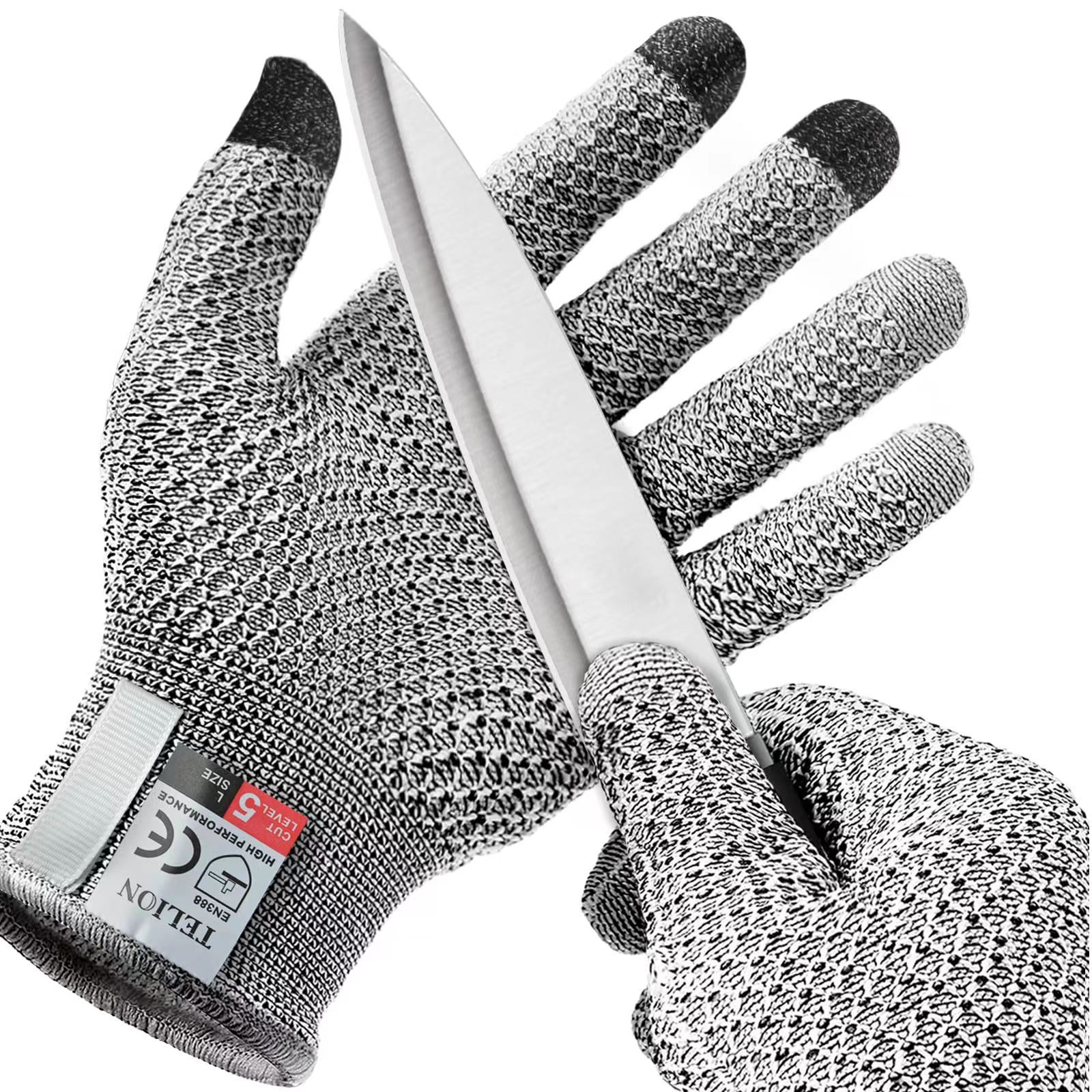 Grey 3-Pack Cut Resistant Gloves (Level 5 Protection) - Pineapple Grip, Touchscreen Compatible, Food Safe for Kitchen, Butcher & Fish Cleaning - One Size Fits Most