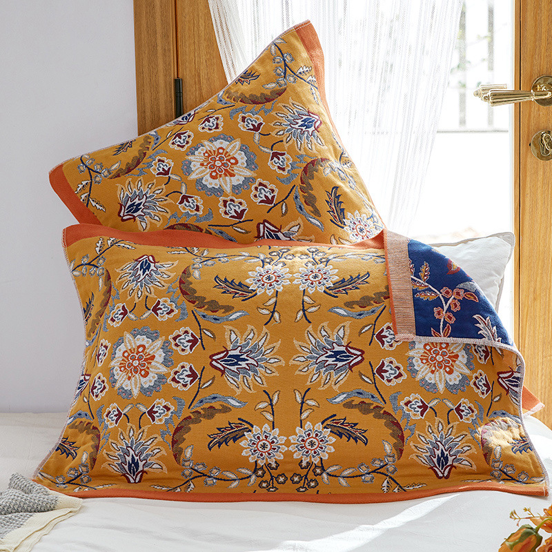 Single Yellow Floral Pillow Towel Premium Cotton Gauze Pillow Towel Pair - Simple Nordic Style (52x75cm)