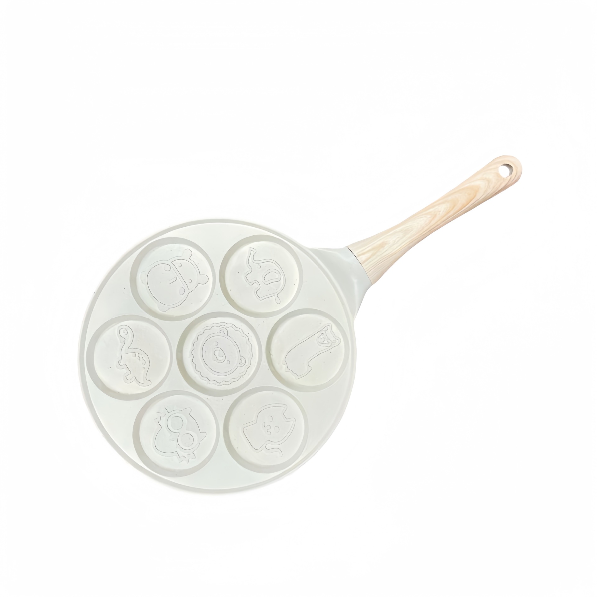 Beige Cartoon + Wood Grain Handle (Gas Model) Non-Stick Pancake Pan - 7-Hole Fun Shapes Breakfast Griddle (27cm)