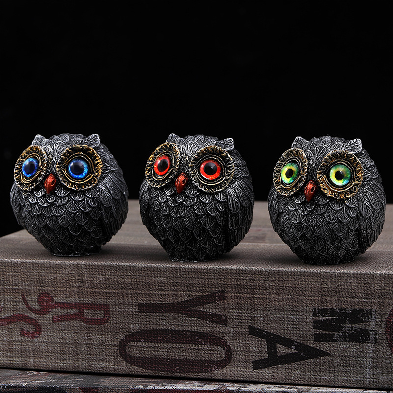 Set of Three Groups of Three Colors Small Decorative Resin Owl Figurine - Textured Statue with Blue Eyes(Blue, Green, Red)