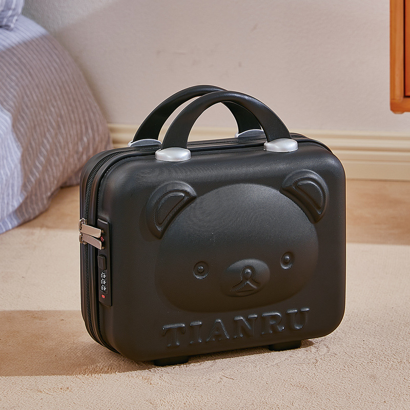 Cute Bear Face Hard-Shell Storage Case with Lock - 14-Inch Black Travel Organizer