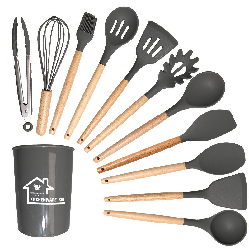 Dark Grey 11-Piece Silicone Kitchen Utensil Set with Wooden Handles and Storage Bucket - Heat Resistant and Non-Stick