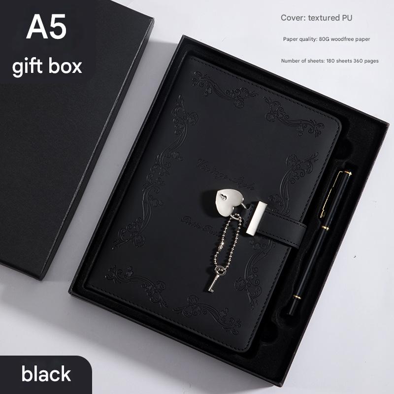 Heart Lock Diary with Key - Vintage Style Journal, Black PU Leather, Secure and Elegant