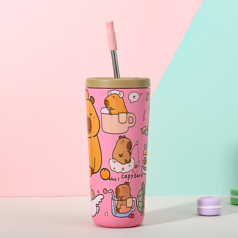 304 Stainless Steel Insulated Tumbler,Cartoon Design Portable Straw Cup for Home and Office(Pink)