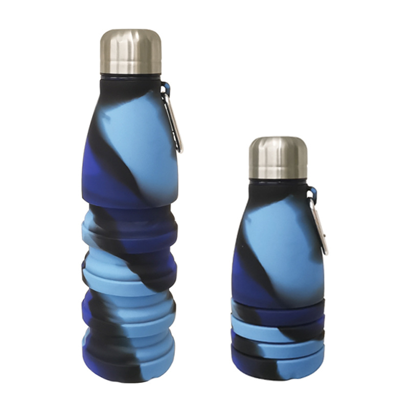 Camouflage blue Collapsible Silicone Water Bottle - Portable Sports Hydration Flask with Carabiner, 550ml/300ml