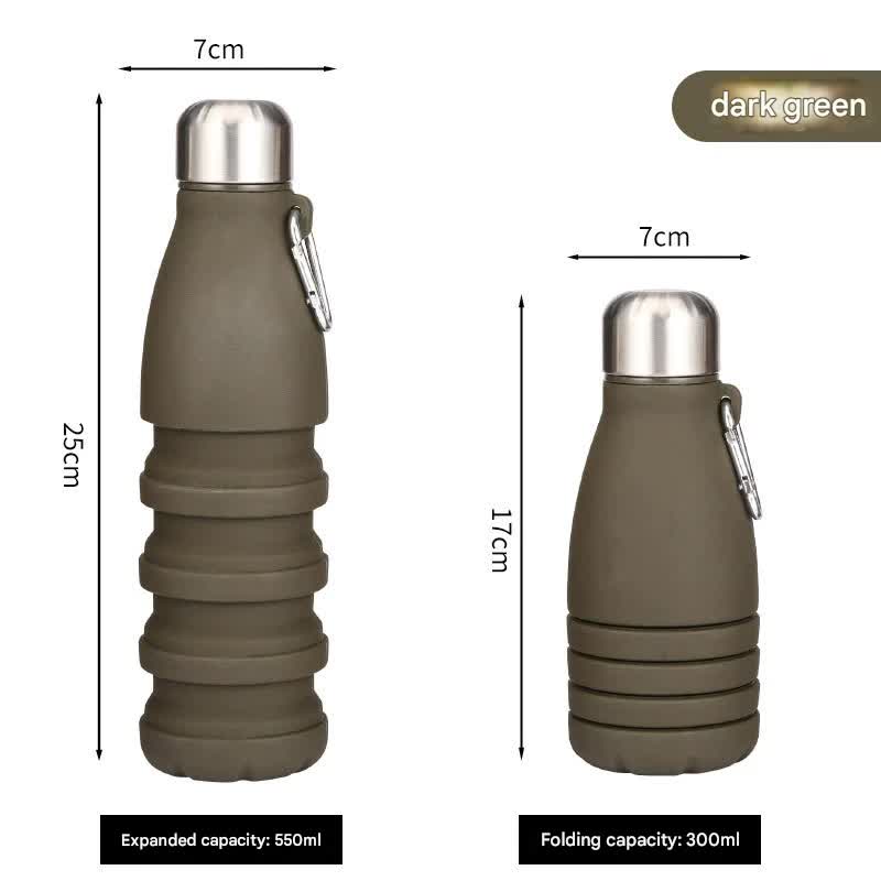 Dark green Collapsible Silicone Water Bottle - Portable Sports Hydration Flask with Carabiner, 550ml/300ml