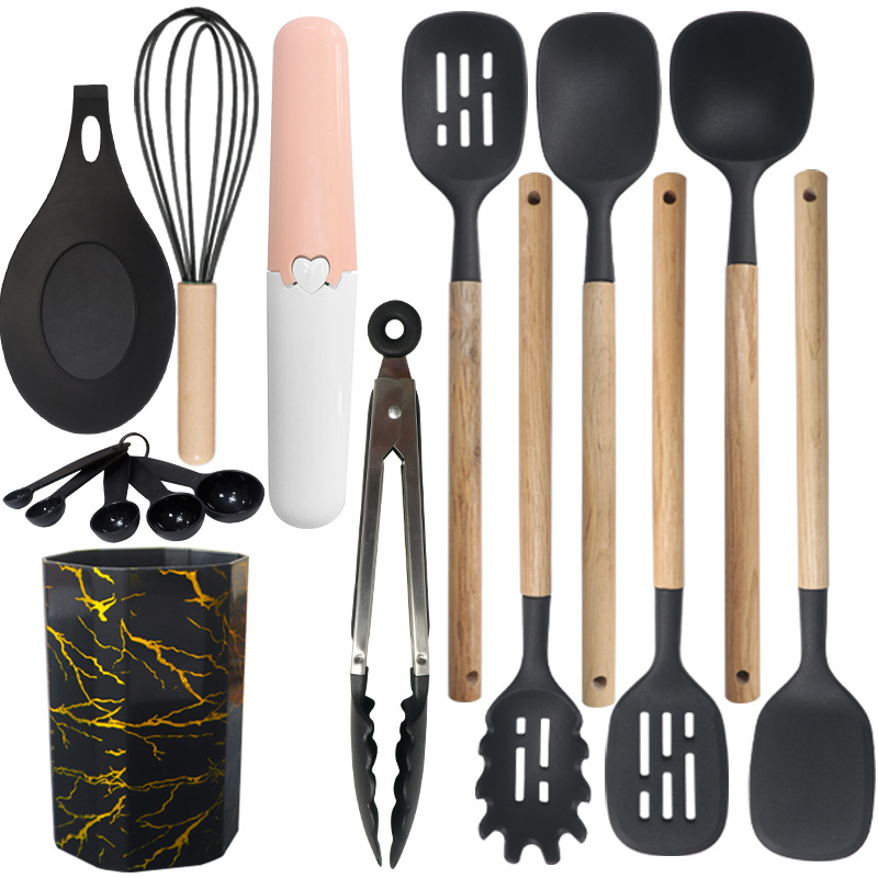 Black 12-Piece Silicone Cooking Utensil Set - Non-Stick Food-Grade Kitchen Tools with Holder