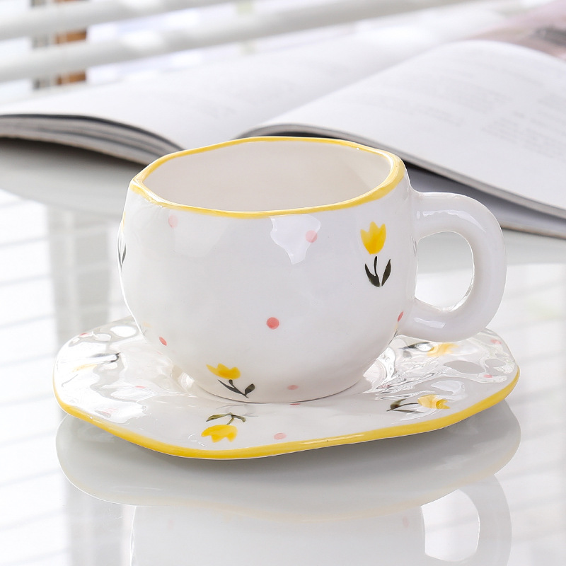 Hand-Painted Ceramic Coffee Cup and Saucer Set - Vintage Afternoon Tea(Small yellow flowers)