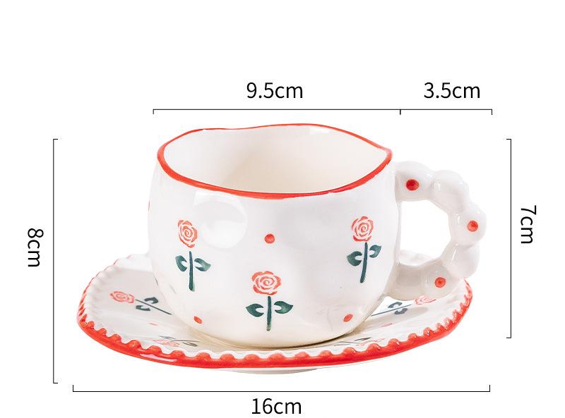 Hand-Painted Ceramic Coffee Mug and Saucer Set - Whimsical Afternoon Tea Cup with Spoon(Red rose)