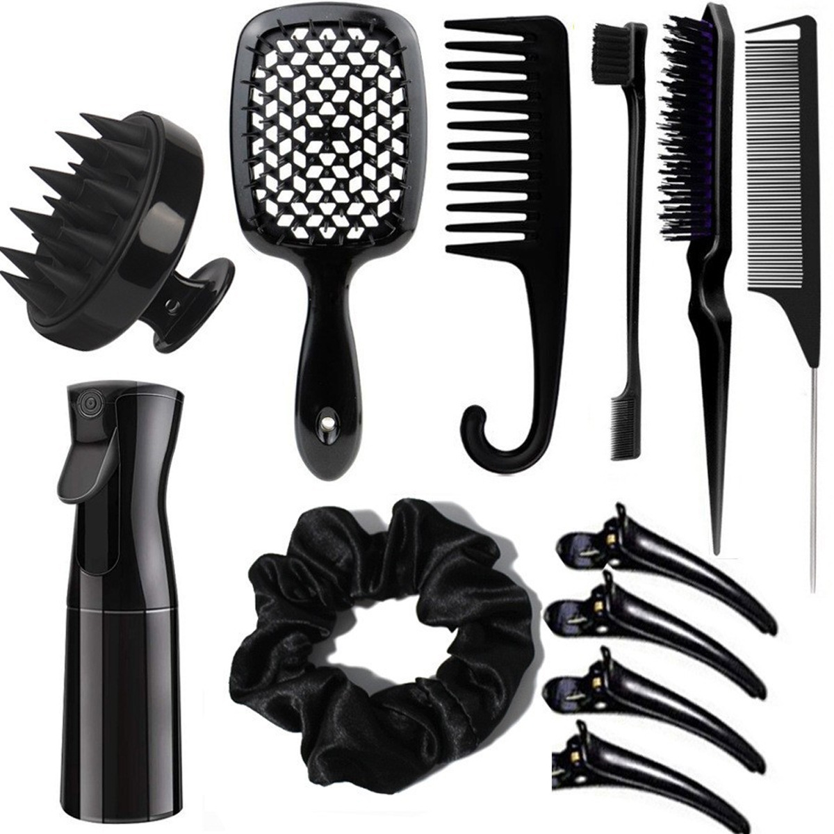 Complete Hair Styling Kit with Detangling Brushes, Combs, Spray Bottle, and Accessories(black)