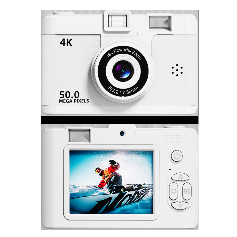 Compact 4K Digital Camera - 50MP, 16x Zoom, 2.4-inch IPS Screen, WiFi & Fill Light - Retro CCD Style(White)