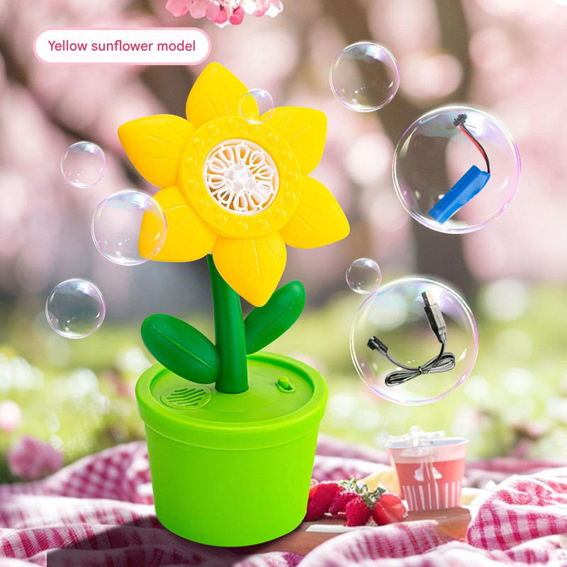 Electric Flower Bubble Machine with Music - Rechargeable, 10-Hole Output(yellow)