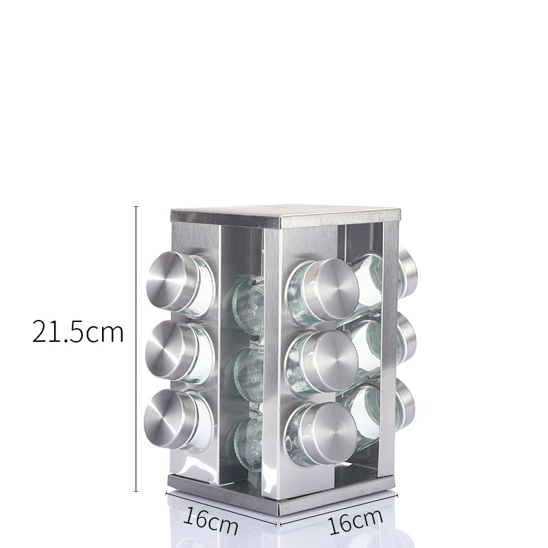 Modern stainless steel square spice revolving rack with 12 (88 ml each) empty glass jars