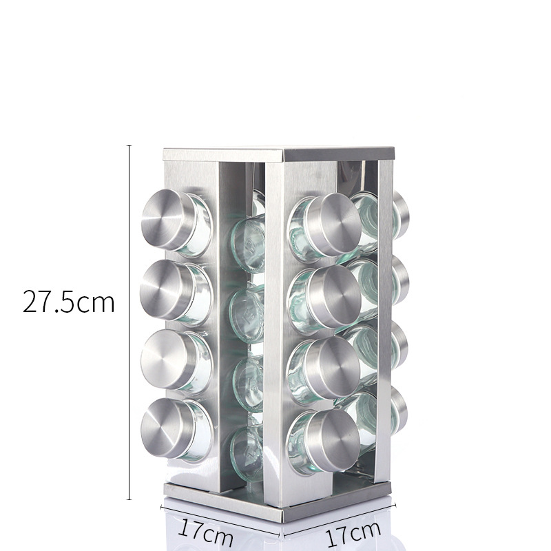Modern stainless steel square spice revolving rack with 16 (88 ml each) empty glass jars