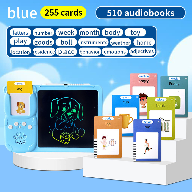 Blue (255 cards, pure English) Kids Interactive Early Education Toy: Combination Card Reader & LCD Drawing Board for Toddlers
