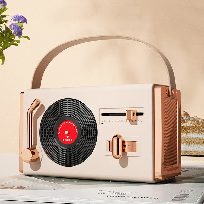 Beige Retro Record Player Style Bluetooth Speaker - Portable Wireless Turntable Design Audio