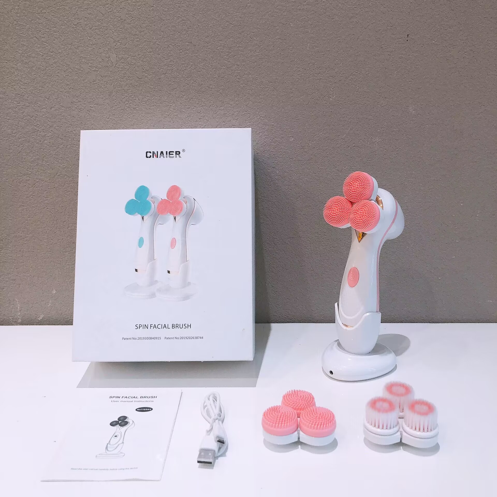 Pink 3-Head Electric Facial Cleansing Brush - Rechargeable Spin Scrubber Kit