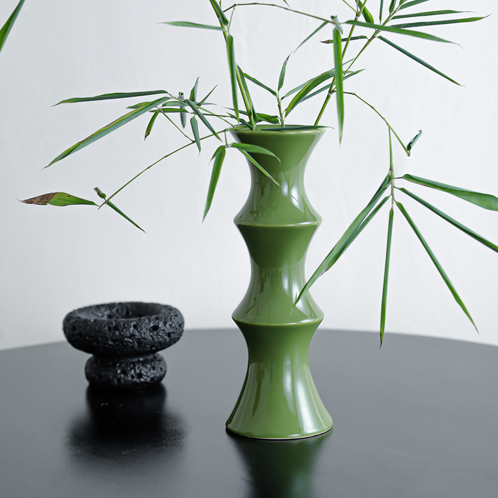 Glossy GreenCeramic Vase - Unique Bamboo-Look Design (25.5x9x7cm)