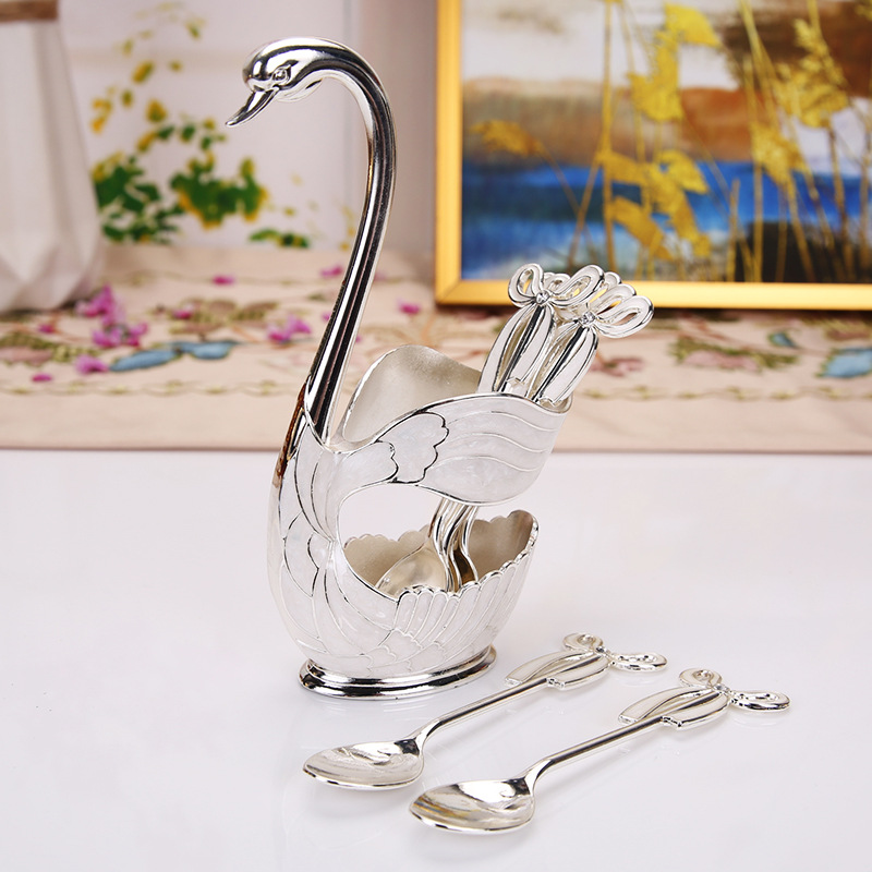 Elegant Swan Base Spoon Holder Set with 6 Coffee/Dessert Spoons(Silver spoon)