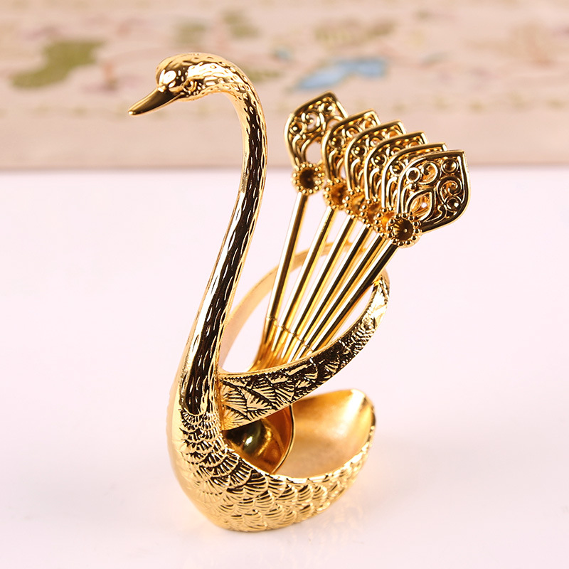 Gold Elegant Swan Cutlery Holder Set with 6 Dessert Spoons