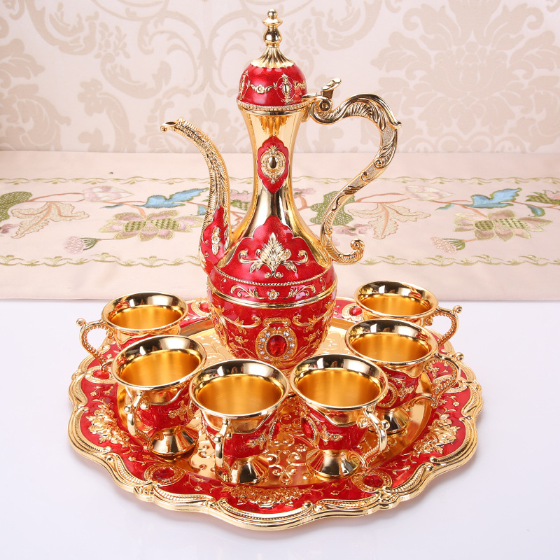Elegant Gold Metal Serving Set - Decanter, 6 Cups, Tray (Golden Red)