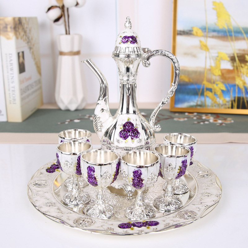 Vintage Palace Style Liquor Serving Set - Metal Pot, 6 Cups & Tray (Silver Purple Rose)
