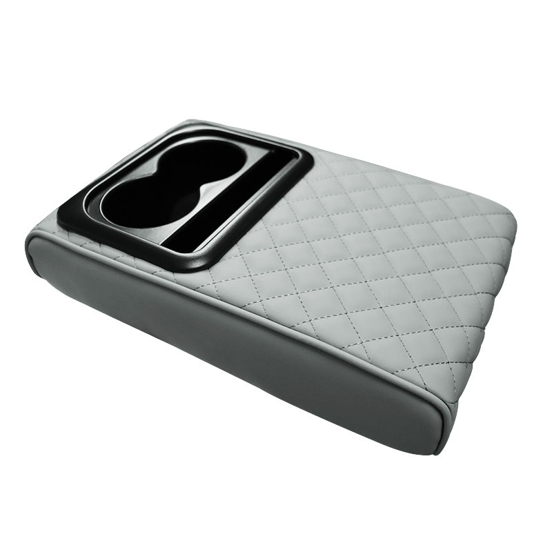 Gray Auto Center Console Armrest Riser Pad with Dual Cup Holders - PU Leather