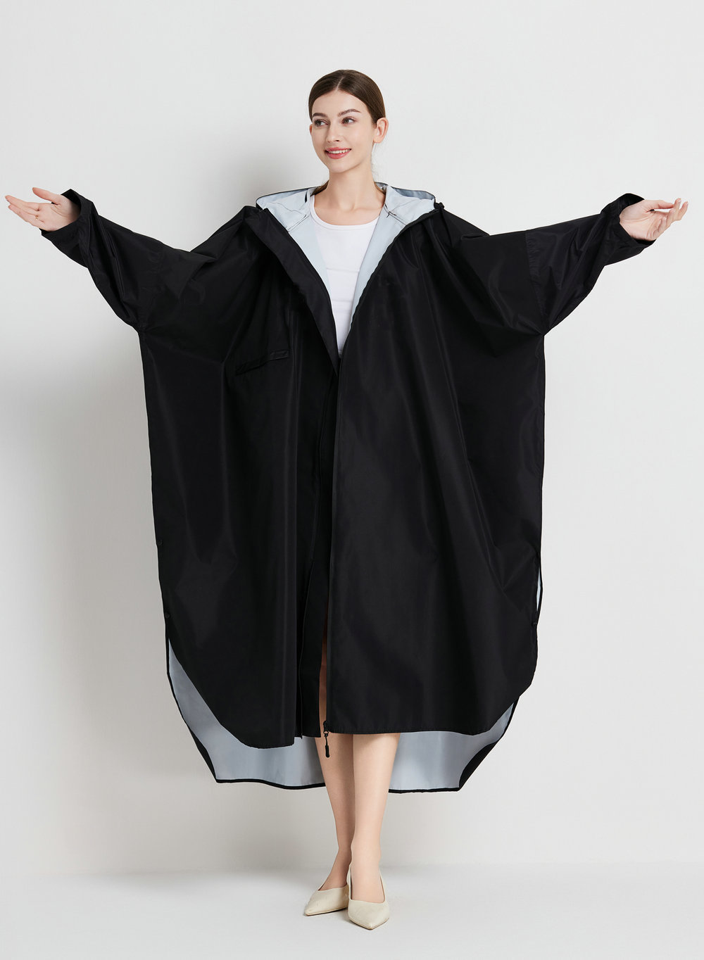 Black Stylish Waterproof Raincoat Poncho - Long, Packable for Outdoor Travel & Hiking