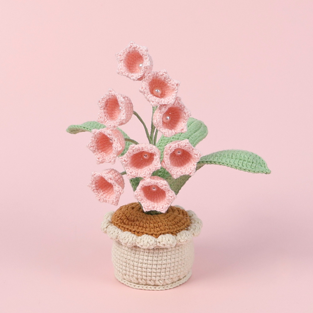 Handmade Crochet Lily of the Valley Potted Plant - Everlasting Crochet Flower Arrangement (9 heads pink)